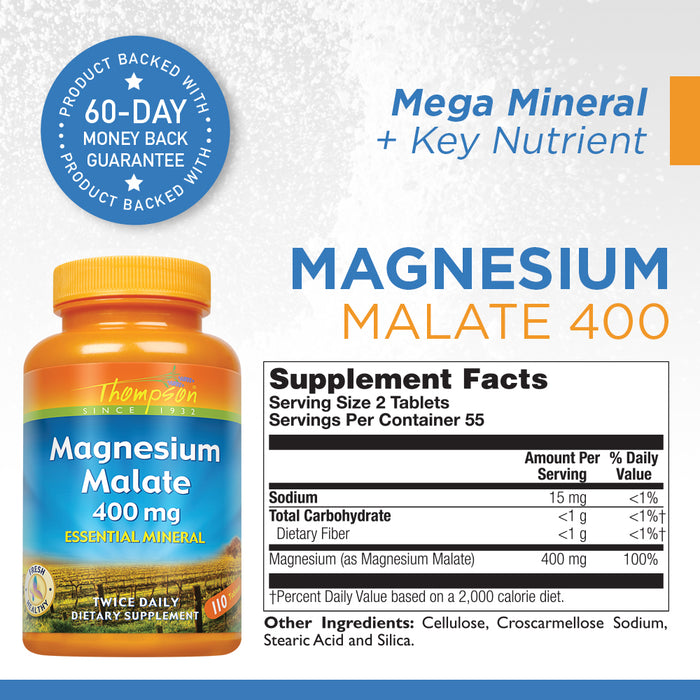 Thompson Magnesium Malate 400mg | Healthy Muscle & Nerve Function Support | Energy Production Aid | Quick Tablet Disintegration | Vegetarian | 120ct