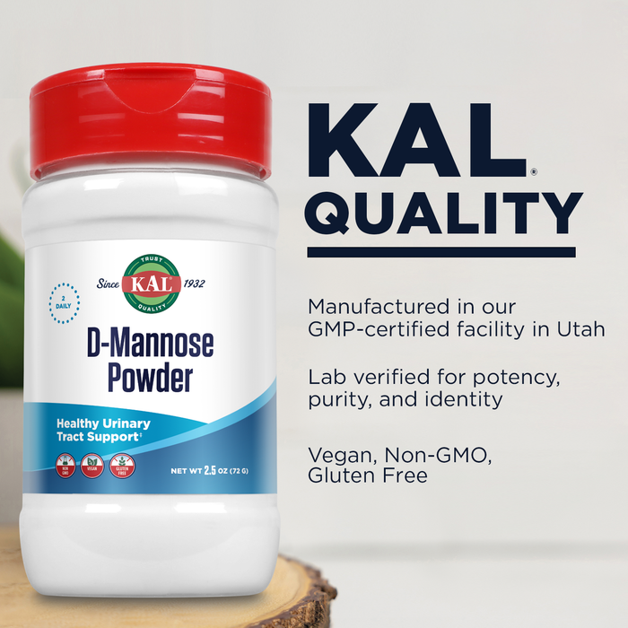 KAL D Mannose Powder 1600 mg, Easy-to-Mix, Fast-Dissolving D-Mannose - Urinary Tract Health and Bladder Support - Unflavored Powder, Non-GMO, Vegan, Gluten Free, 60-Day Guarantee, 45 Servings, 2.5oz