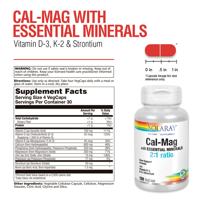 Solaray Cal-Mag with Essential Minerals | Calcium, Magnesium, Strontium, Vitamins D-3 & K-2 | 30 Serv | 120 VegCaps