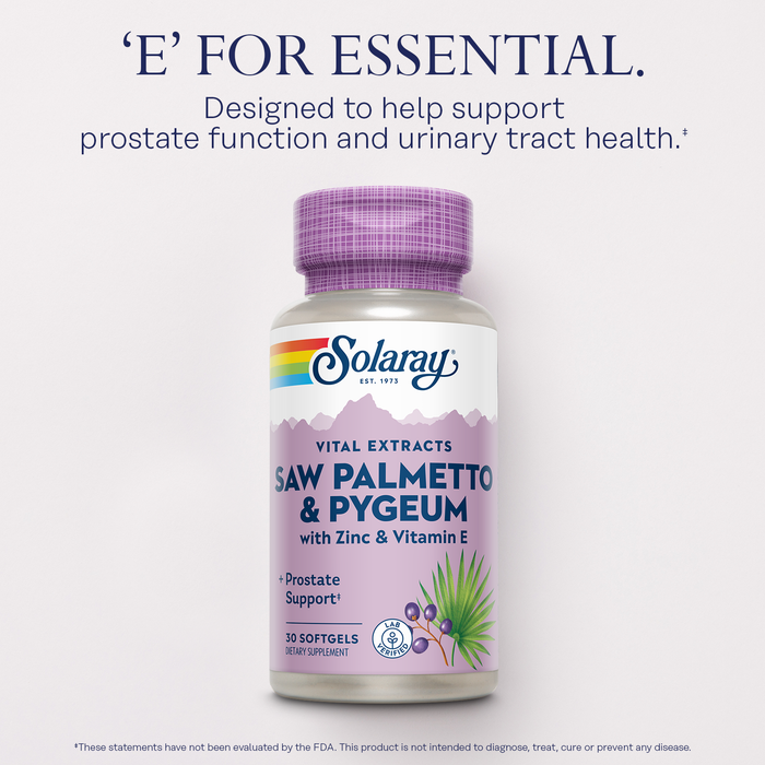 SOLARAY Saw Palmetto and Pygeum - Saw Palmetto for Men w/ Pygeum Bark, Zinc, Vitamin E, Pumpkin Seed Oil - Prostate Supplements for Men w/ Beta Sitosterol - 60-Day Guarantee - 30 Servings, 30 Softgels