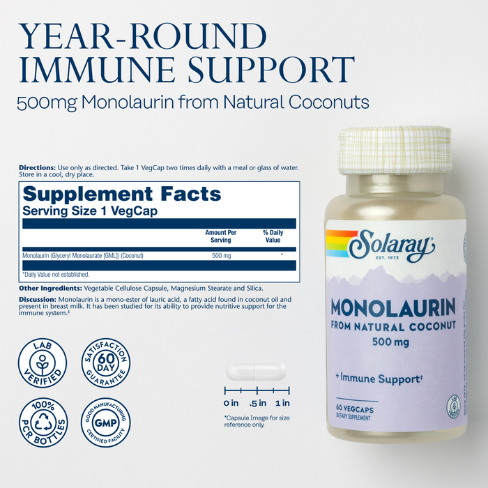 Solaray Monolaurin Supplement, 500 mg, 60 Count