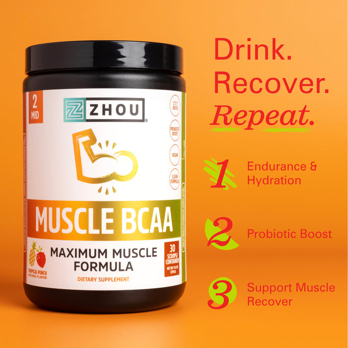 Zhou Nutrition Muscle BCAA Powder | Muscle Recovery | Optimal Absorption | 30 Servings