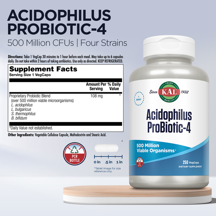 KAL Acidophilus ProBiotic-4, 500 Million CFUs, Four Probiotic Strains, Probiotics for Women and Men, Freeze Dried, L. acidophilus, L. bulgaricus, S. thermophilus, B. bifidum, 250 Servings, 250 VegCaps