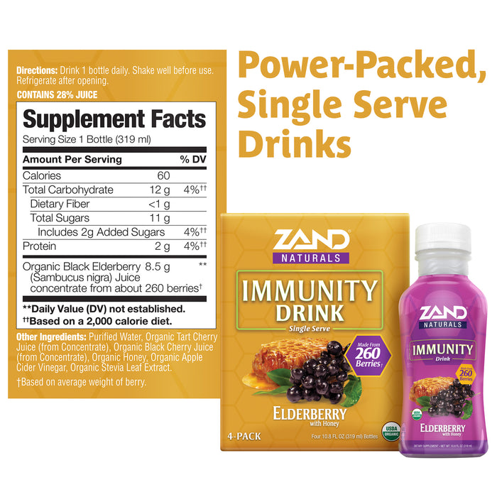 Zand Organic Elderberry Immunity Drink | Concentrated Healthy Immune System Function Support | Four 10.8 FL OZ Bottles