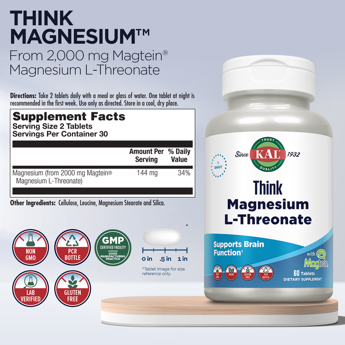 KAL Think Magnesium L-Threonate 2000 mg | Learning, Brain Health & Memory Function Support w/ Magtein | Vegan, No Gluten & Non-GMO | 60 Tablets