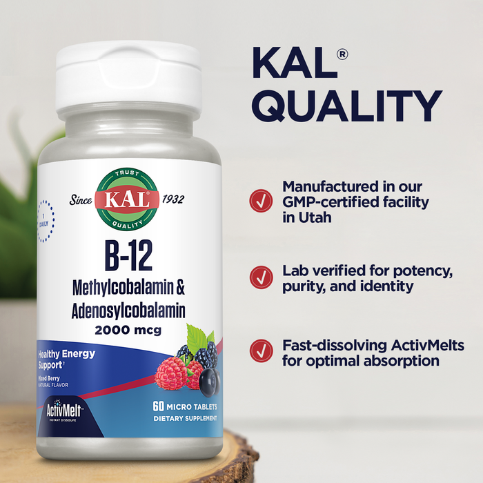 KAL B-12 Methylcobalamin & Adenosylcobalamin ActivMelt 2000 mcg | Natural Mixed Berry Flavor | Biologically Active Forms of B12 | 60 Micro Tablets