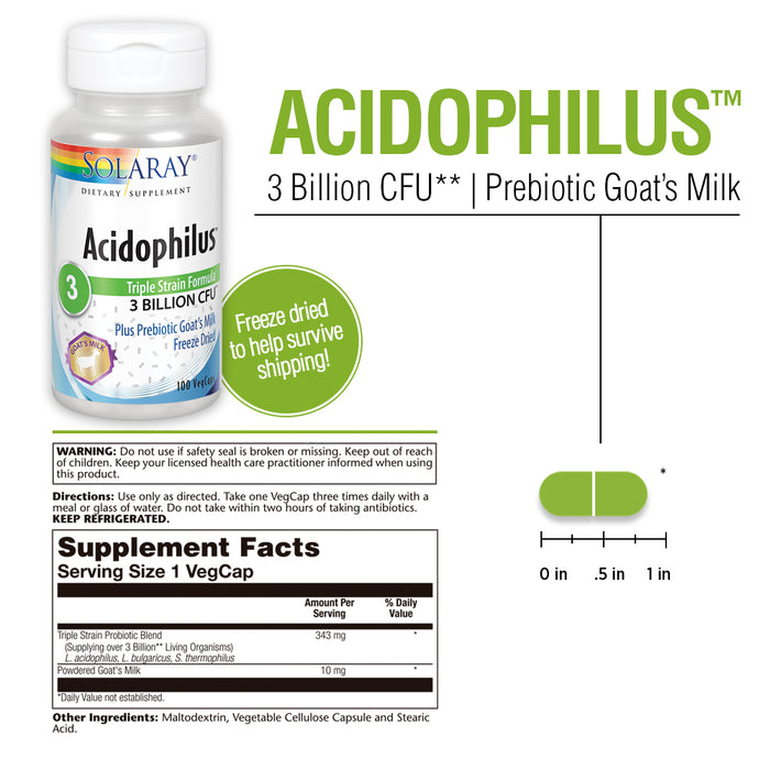 Solaray Acidophilus 3 Strain Probiotic & Prebiotic Goats Milk | 3 Billion CFU & Freeze Dried | 100 VegCaps