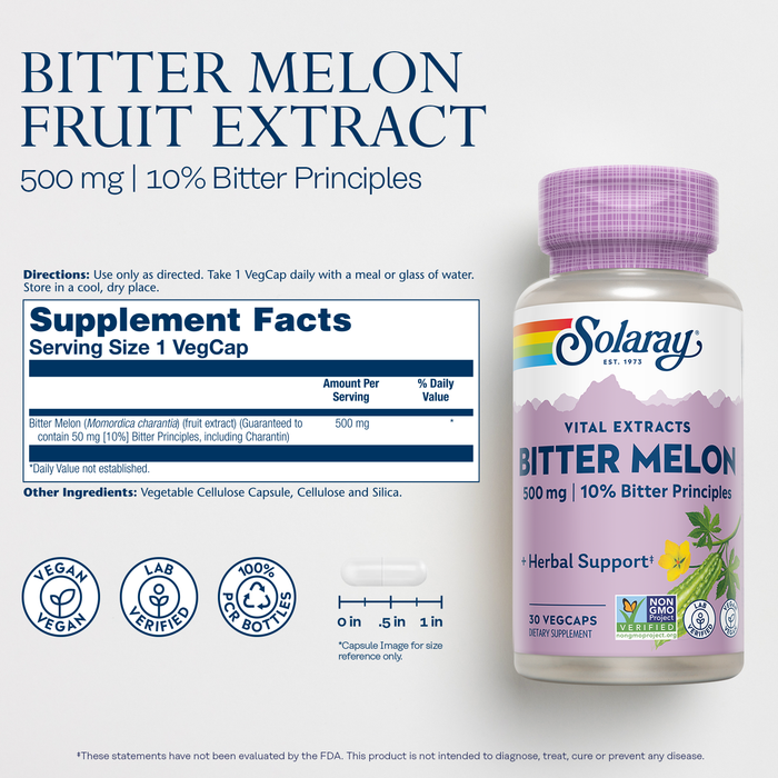Solaray Bitter Melon Fruit Extract, Guaranteed to contain 50 mg (10%) Bitter Principles Including Charantin, Vegan, 30 Servings, 30 VegCaps