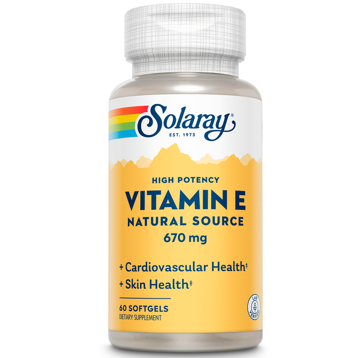 Solaray Vitamin E, d-Alpha Tocopherol 1000IU For Healthy Cardiac Function, Antioxidant Activity & Skin Health Support Lab Verified 60 Softgels