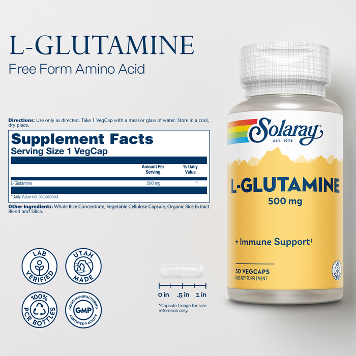 Solaray L Glutamine Capsules 500 mg - Immune Support - Free Amino Acid - Lab Verified, 60-Day Money-Back Guarantee, 50 Servings, 50 VegCaps