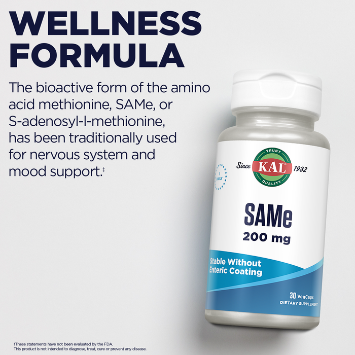 KAL SAMe 200mg (S-adenosyl-L-methionine), Nervous System, Wellbeing and Mood Support Supplement, Enhanced Absorption, No Enteric Coating Needed, Vegetarian, 60-Day Guarantee, 30 Serv, 30 VegCaps