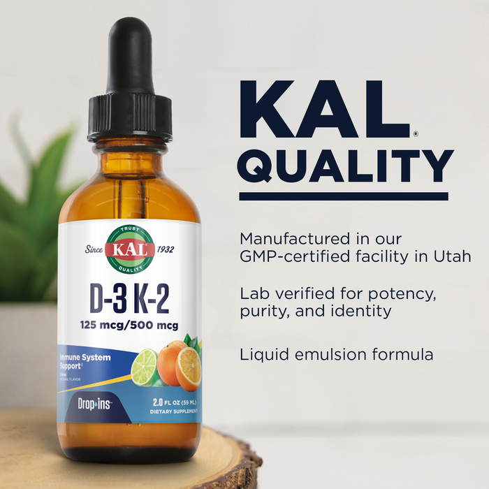 KAL D3 K2 DropIns 125 mcg / 500 mcg Liquid Vitamin D3 K2 Drops, Bone Health, Heart Health and Immune Support Supplement, Natural Citrus Flavor, 60-Day Money Back Guarantee, Approx. 59 Serv, 2 FL OZ