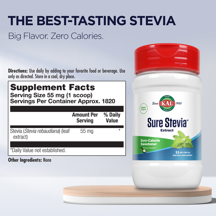 KAL Sure Stevia Extract, Organic Stevia Powder, Low Carb, Zero Calorie Sweetener, Keto Friendly, Great Taste, Low Glycemic, Vegan, Gluten Free, No Fillers, 60-Day Guarantee (3.5 oz)