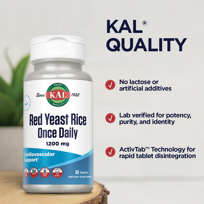 KAL Red Yeast Rice Once Daily 1200mg. Capsules With Unsaturated Fatty Acids, Amino Acids & Phytonutrients Rapid Disintegration