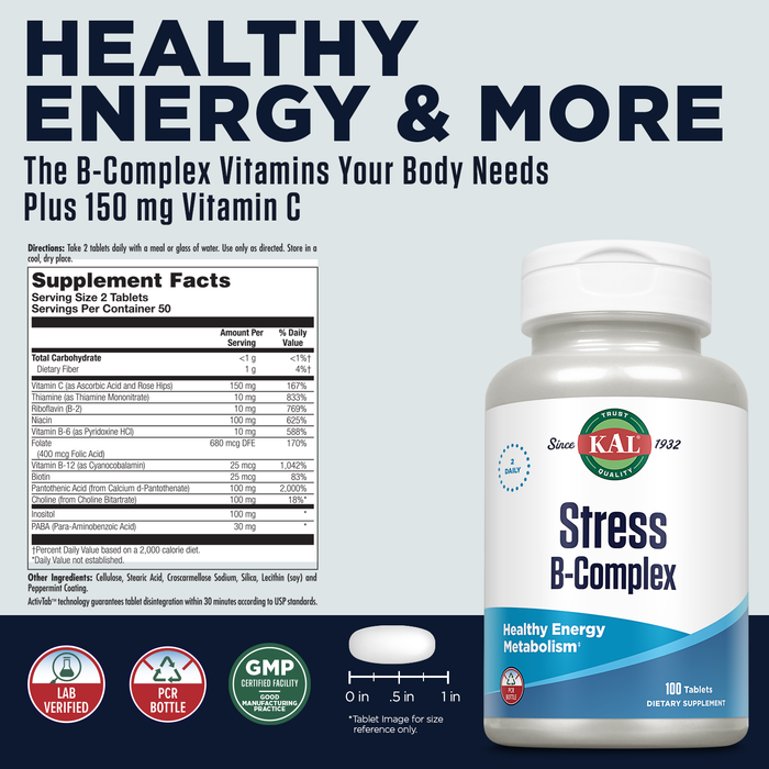 KAL Stress B Complex Vitamin Supplement, Vitamin B Complex for Energy, Stress, Red Blood Cell Formation and Immune Support, with Vitamin B12, B6 and Folic Acid, 60-Day Guarantee, 50 Serv, 100 Tablets