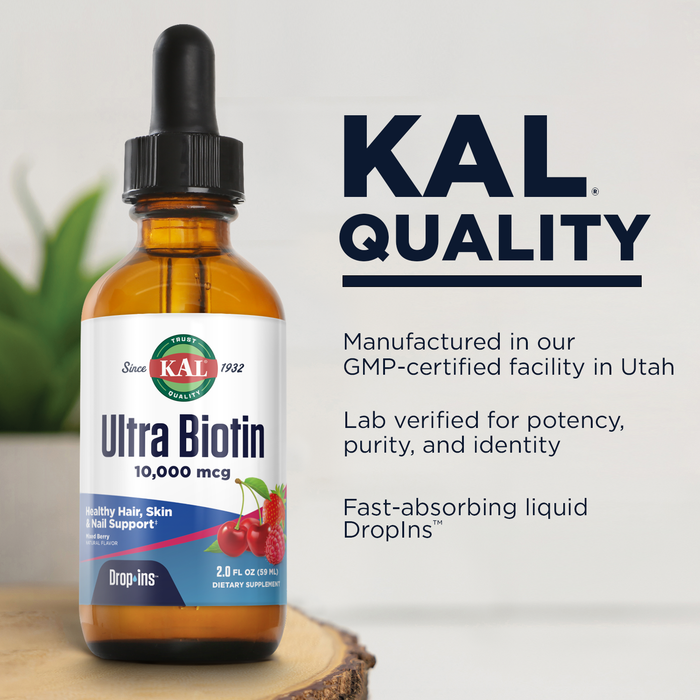 KAL Ultra Biotin 10000mcg DropIns, Liquid Biotin Drops, Hair Growth Supplement, High Potency Vitamin B7, Healthy Hair, Skin, Nails and Energy Support, Natural Mixed Berry Flavor, Approx. 59 Serv, 2oz