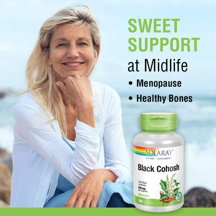 Solaray Black Cohosh 540 mg | Womens Health & Menopause Support Supplement | Whole Root | Non-GMO, Vegan & Lab Verified | 180 VegCaps