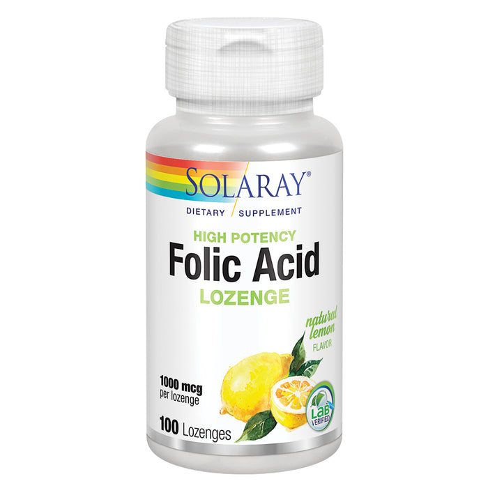 Solaray High Potency Folic Acid Lozenge 1000 mcg | Healthy Prenatal Support & More | Natural Lemon Flavor | 100 Lozenges