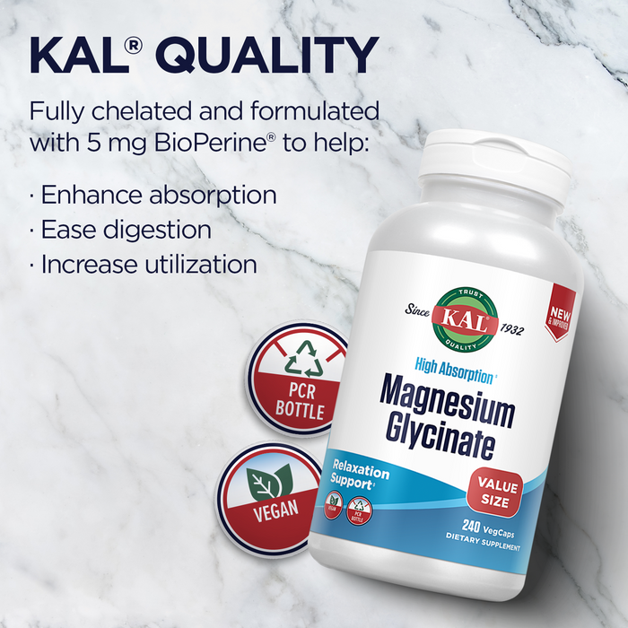 KAL Magnesium Glycinate High Absorption, Healthy Relaxation, Muscle Function & Bone Support, Vegan