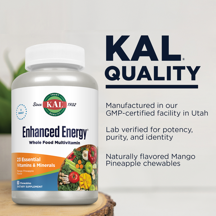 KAL Enhanced Energy Supplements, Whole Food Chewable Multivitamin with Iron, 3 Daily, 23 Essential Vitamins and Minerals, Super Foods, Enzymes, Mango Pineapple Flavor, 60-Day Guarantee, 20 Serv, 60ct
