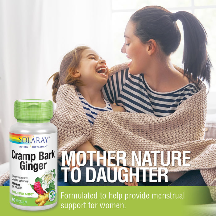Solaray Cramp Bark & Ginger 500 mg | Herbal Menstrual Support for Women | Non-GMO, Vegan | 60 VegCaps