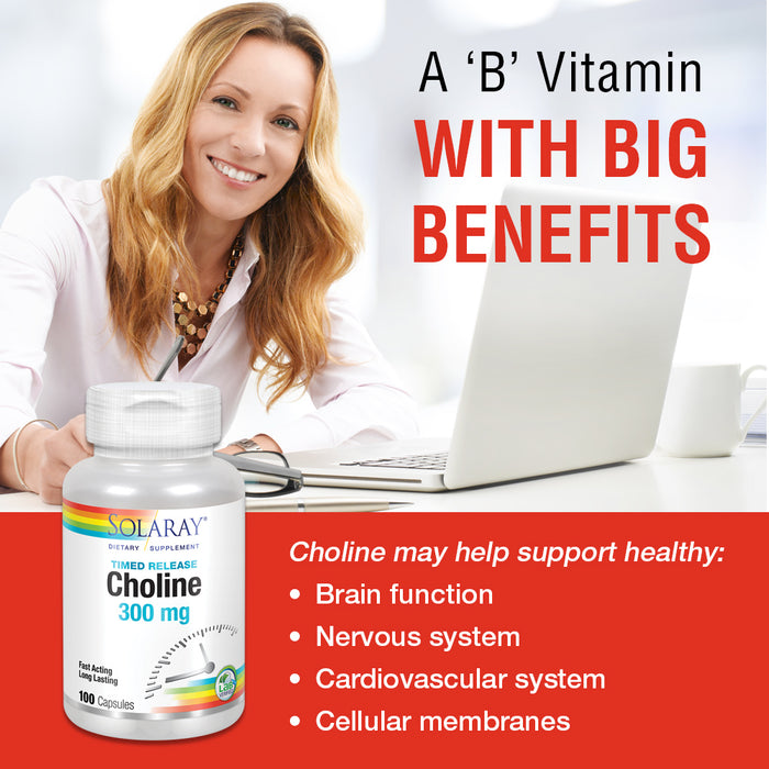 Solaray Choline, Two-Stage Timed-Release 300mg | B Vitamin for Healthy Brain Function & Cardiovascular Support | Non-GMO | 100 Capsules