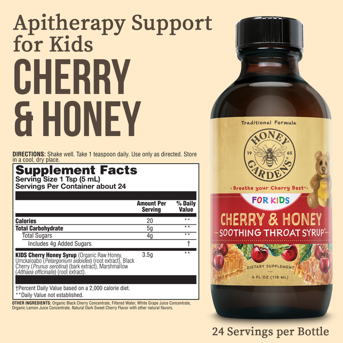 Honey Gardens Kids Cherry & Honey Soothing Throat Syrup, Herbal Infused Raw Honey Syrup, Apitherapy Formula Includes Extracts of Umckaloabo, Black Cherry, Marshmallow, 24 Servings, 4 FL. OZ.