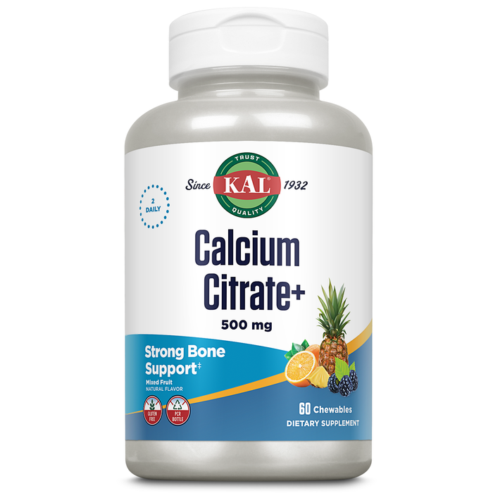 KAL Calcium Citrate + Magnesium & Vitamin D3, Healthy Bones, Teeth, Nerve & Muscle Function Support, Natural Mixed Fruit Flavor, Gluten Free, Lab Verified for Quality, 30 Servings, 60 Chewables