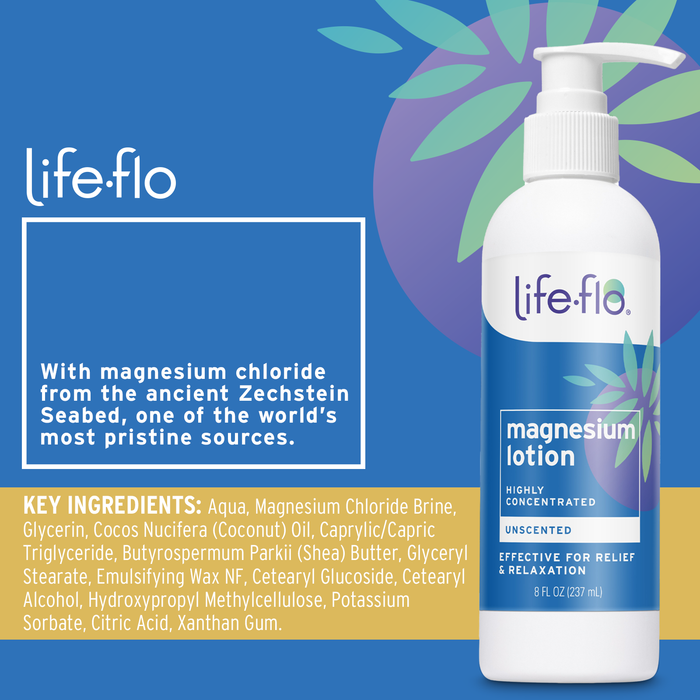 Life-flo Magnesium Lotion, Unscented Body Lotion, Relief and Relaxation w/ Magnesium Chloride from Zechstein Seabed, Dermatologist Tested, Hypoallergenic, 60-Day Guarantee, Not Tested on Animals, 8oz