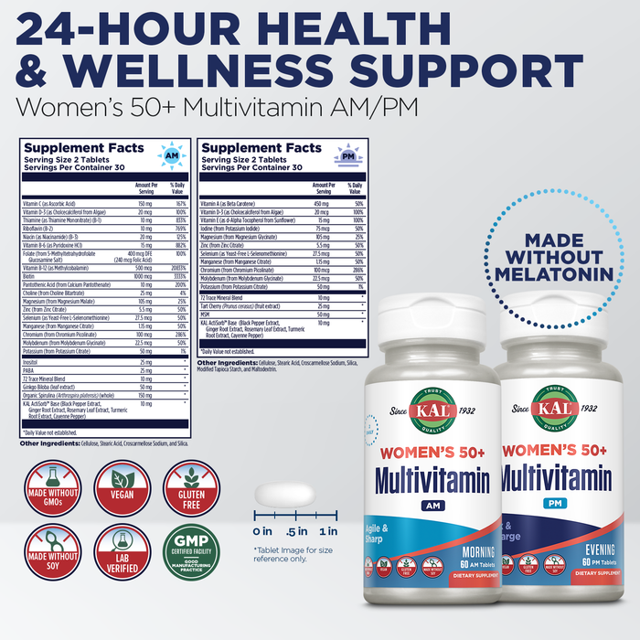 KAL Plus 2-in-1 Multivitamin for Women 50+, AM/PM Vitamin B and D, Biotin, Ginkgo Biloba, Bone Strength and Immune Support, Made Without GMOs and Soy, Vegan, 30 Servings, 120 Tablets