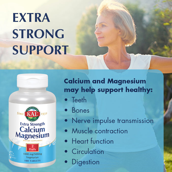 KAL Extra Strength Calcium Magnesium | 1000mg/500mg | Healthy Bones, Teeth, Nerve & Muscle Support | Rapid Disintegration | Vegetarian | 100 Tablets