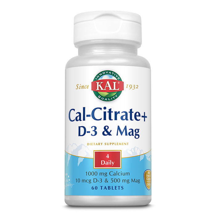 KAL Cal-Citrate Plus 1000mg | Blend of Calcium Citrate, Magnesium and Vitamin D-3 | For Healthy Bones & Teeth | No Gluten & Non-GMO | 60 Tablets