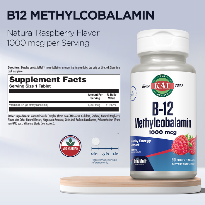 KAL B-12 Methylcobalamin ActivMelt 1000 mcg Natural Raspberry Flavor Healthy Metabolism, Energy, Nerve & Red Blood Cell Support 90 Micro Tablets