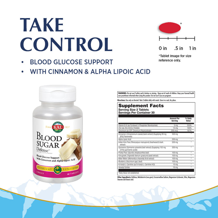 KAL Blood Sugar Defense Blood Glucose Support with Cinnamon and Alpha Lipoic Acid With ActivTab Technology for Faster Disintegration 60 Tablets