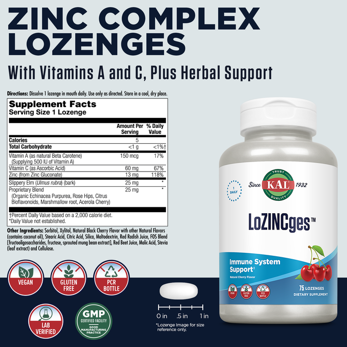 KAL LoZINCges - Immune Support Supplement - Zinc Lozenges with Vitamin C, Echinacea Purpurea, Slippery Elm, Rose Hips, Vegan, Gluten Free, Natural Cherry Flavor, 60-Day Guarantee, 75 Servings, 75ct