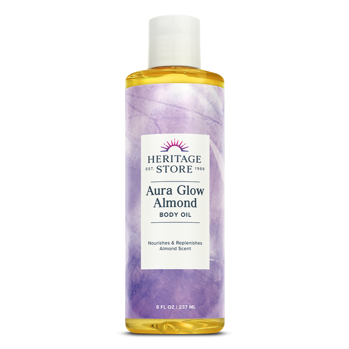 HERITAGE STORE Aura Glow Almond Body Oil with Sweet Almond Oil, Luxurious Skin Moisturizer, Massage Oil, Bath Oil, Carrier Oil for Essential Oils, Almond Scent, All Skin Types, 60-Day Guarantee, 8oz