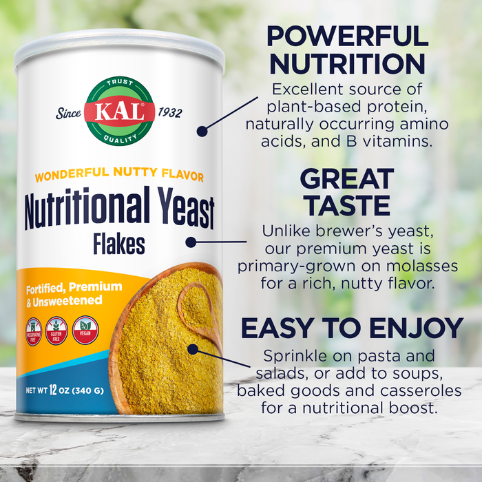 KAL Nutritional Yeast Flakes, Fortified with B12, Folic Acid & Other B Vitamins, Unsweetened, Great Nutty Flavor, Vegan & Gluten Free, 60-Day Money Back Guarantee, Made in the USA (34 Servings, 12oz)