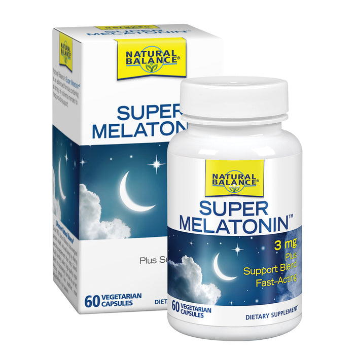 Natural Balance Super Melatonin 3 mg | Fast-Acting Sleep & Relaxation Supplement with Vitamin B-6, Magnesium, Valerian, Chamomile & Hops | 60 VegCaps