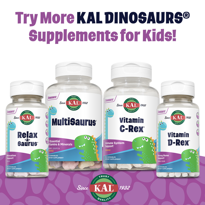 KAL Relax-a-Saurus, Stress Support for Kids , L-Theanine Relaxation Blend for Children , No Sugar, Grape Flavor Chewables , 30 Servings