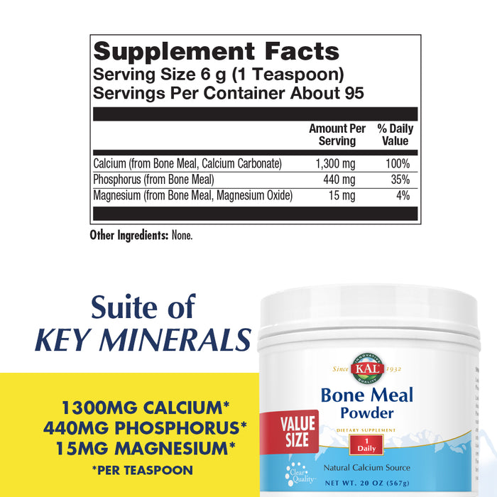 KAL Bone Meal Powder, Calcium Magnesium Supplement, Bone Health, Muscle Function and Nerve Health, Sterilized and Edible, Unflavored, Made Without Soy or Dairy, 60-Day Guarantee (20oz)