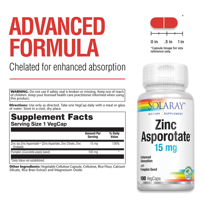 Solaray Zinc Asporotate 15mg Chelated Complex | Immune & Endocrine Support, Cell & Skin Health Formula, 100 VegCaps