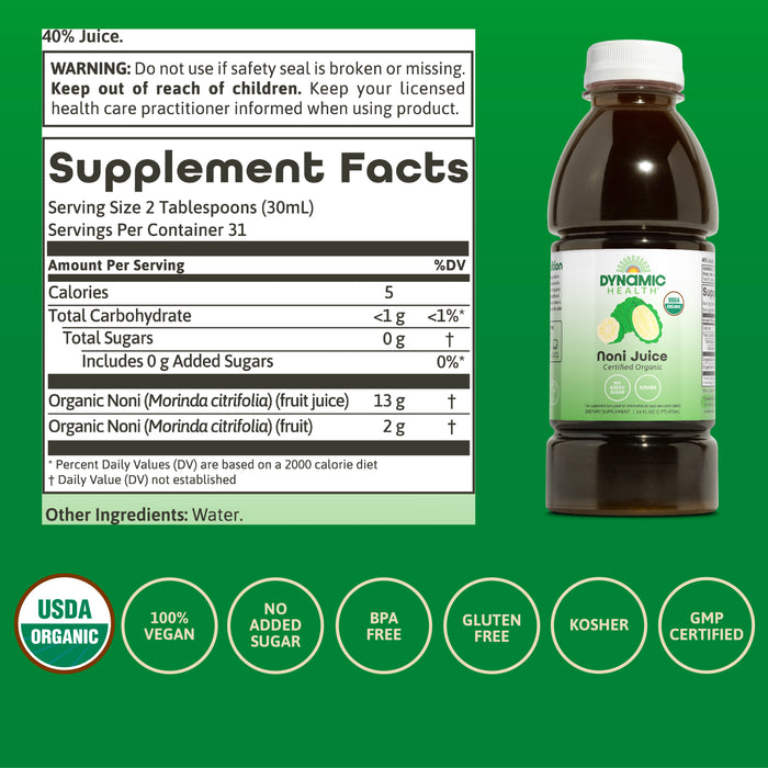 Dynamic Health Organic Noni Juice, 100% Juice No Additives, Immune System Support, Increase Energy, Antioxidant Supplement, Vegan, Gluten Free, Non-GMO, 16 Fl oz