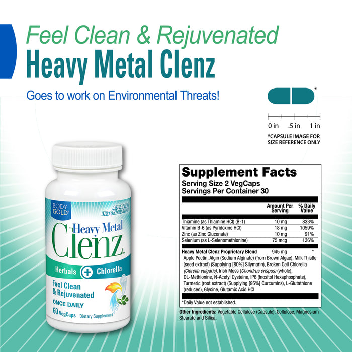 Body Gold Heavy Metal Clenz | Herbals & Chlorella for Healthy Detoxification & Cleansing Support | 30 Serv, 60 VegCaps