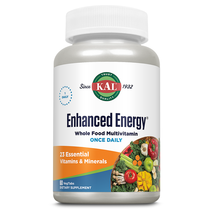 KAL Enhanced Energy Supplements, Once Daily Whole Food Multivitamin with Iron for Women and Men, 23 Essential Vitamins and Minerals, Super Foods, Digestive Enzymes, 60-Day Guarantee, 60 Servings, 60ct