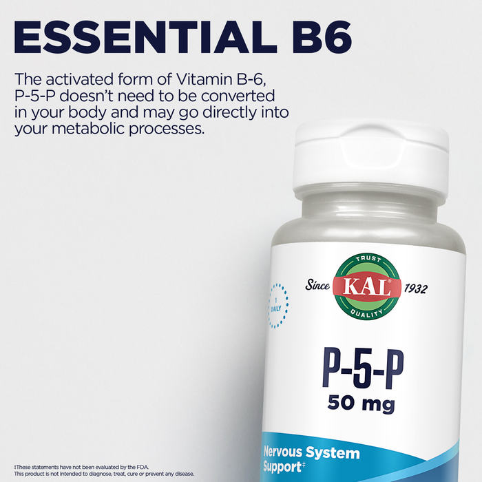 KAL P-5-P Vitamin B6 50mg - Pyridoxal 5 Phosphate - Nervous System Supplements - Red Blood Cell Synthesis and Nerve Support - Enteric Coated - Vegan, 60-Day Guarantee - 50 Servings, 50 Tablets