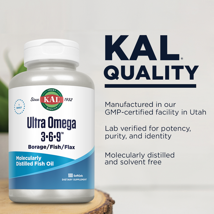 KAL Ultra Omega 3 6 9 1200mg, Fish Oil, Cold Pressed Borage Oil and Organic Flaxseed Oil, Heart Health and Joint Support Supplement, Molecularly Distilled, Solvent Free, 60-Day Guarantee