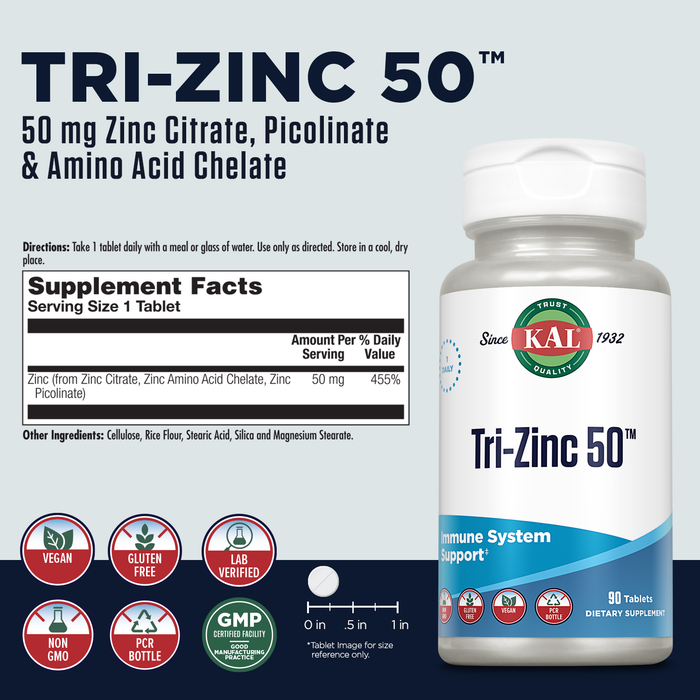 KAL Tri Zinc 50mg w/ Zinc Citrate, Zinc Amino Acid Chelate and Zinc Picolinate, Healthy Metabolism and Immune Support Supplement, Vegan, Gluten Free, Non-GMO, 60-Day Guarantee, 90 Servings, 90 Tablets