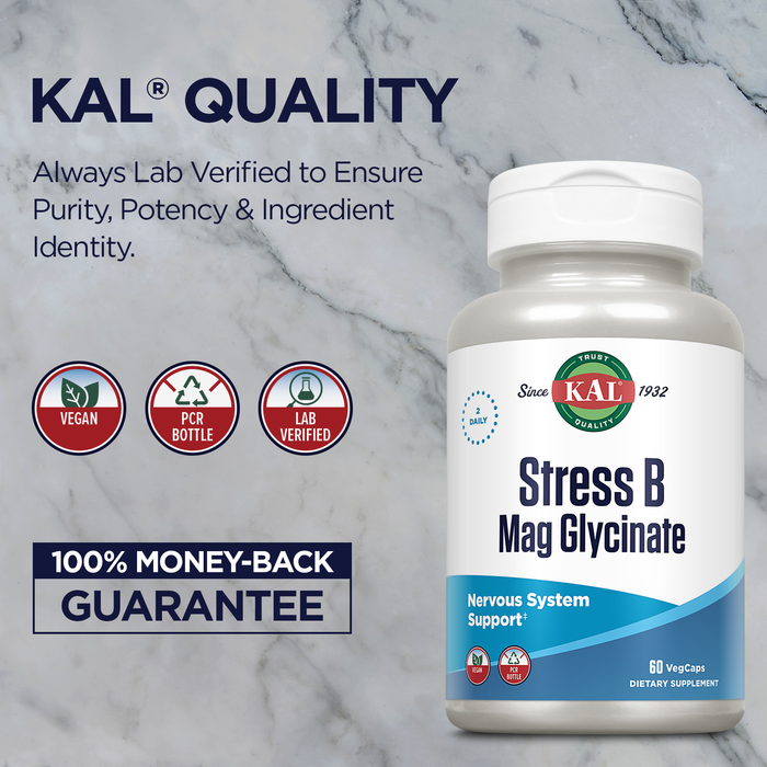 KAL Stress B Mag Glycinate, B Complex Vitamins Plus Magnesium, Active Forms Coenzyme Vitamin B-6, Methylcobalamin, and Folate from 5-MTHF, Healthy Mood & Relaxation Support, 30 Servings, 60 VegCaps