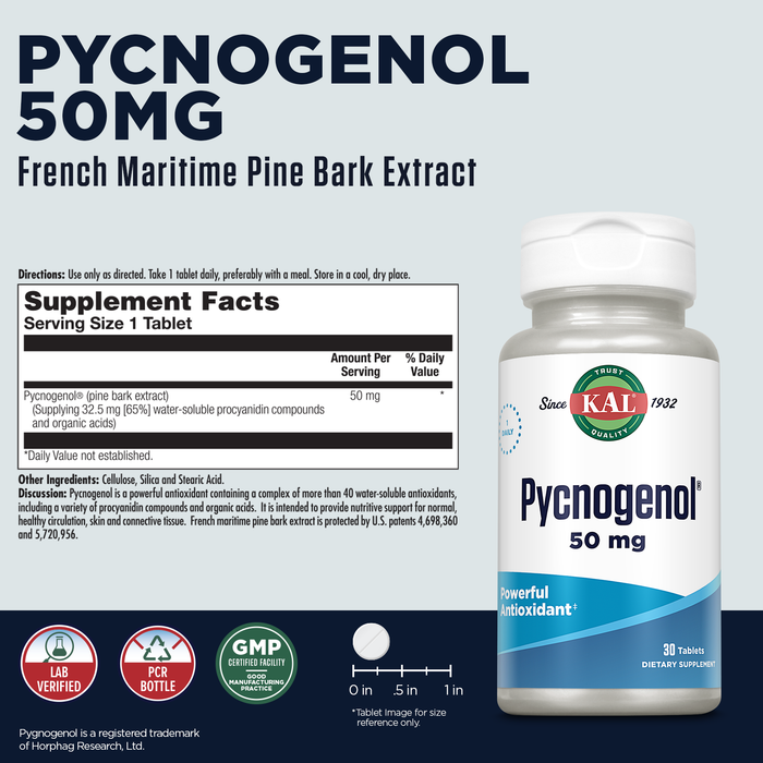 KAL Pycnogenol French Maritime Pine Bark Extract 50 mg, Super Antioxidants Supplements, Skin Health, Circulation and Heart Health Support, Rapid Disintegration, 60-Day Guarantee, 30 Serv, 30 Tablets