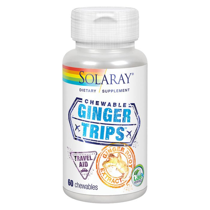 Solaray Ginger Trips Travel Aid | Root Extract | Healthy Digestive Support w/ Honey, Stevia & Molasses | 60 Chewables